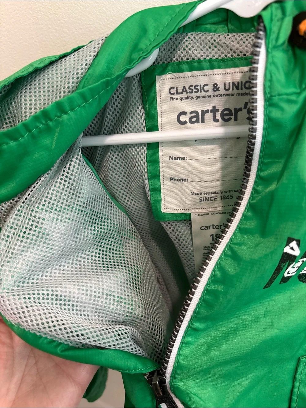 Carters Green 18 month ' Hooded Zip JacketNo.1' Detail windbreaker